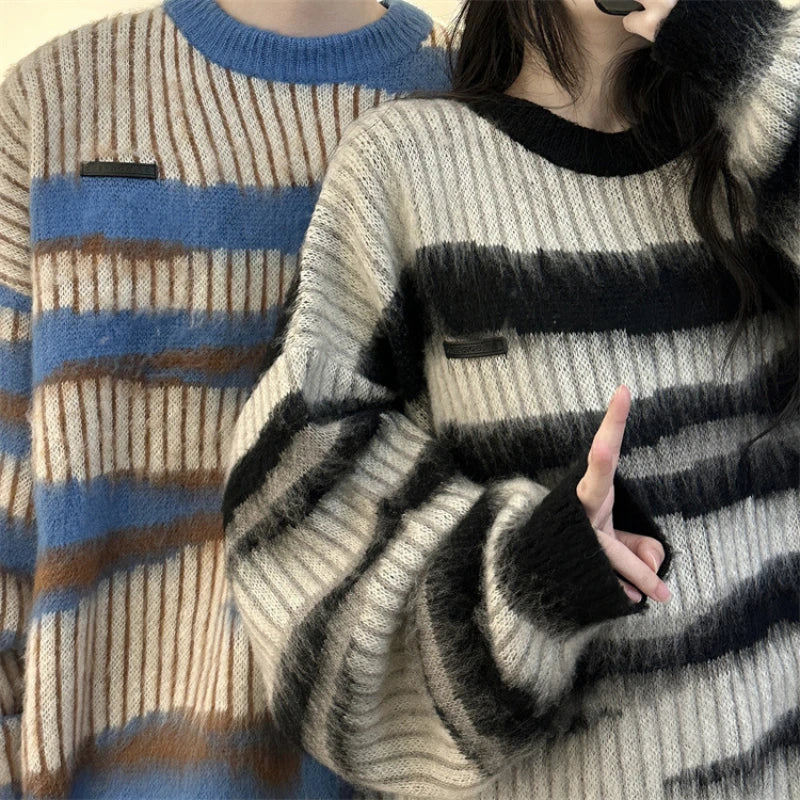 Bonsir Striped Sweaters Men Couple Popular Youthful Korean Style Panelled Slouchy O-neck Spring Autumn Teens Knitwear High Street Cozy