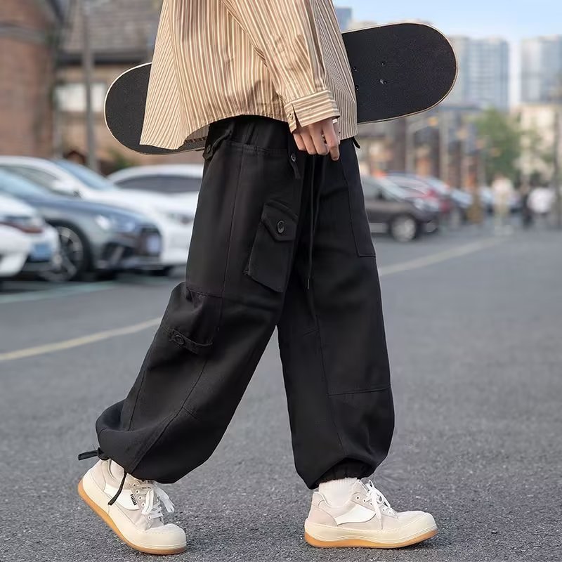 Bonsir Cargo Pants Loose Straight Trousers Streetwear Overalls Pocket Drawstring Sweatpants Mens Casual Joggers Fashion Baggy