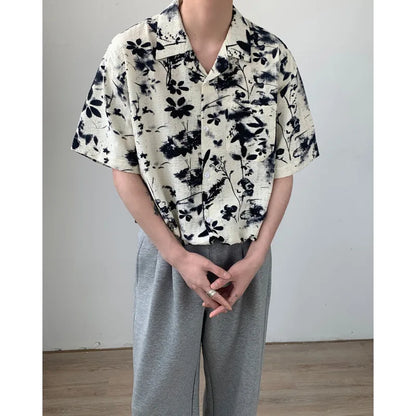 Bonsir Summer Short Sleeved Shirt Men Oversized Printed Casual Shirt Men Streetwear Korean Loose Flower Shirts Mens Hawaiian Shirt