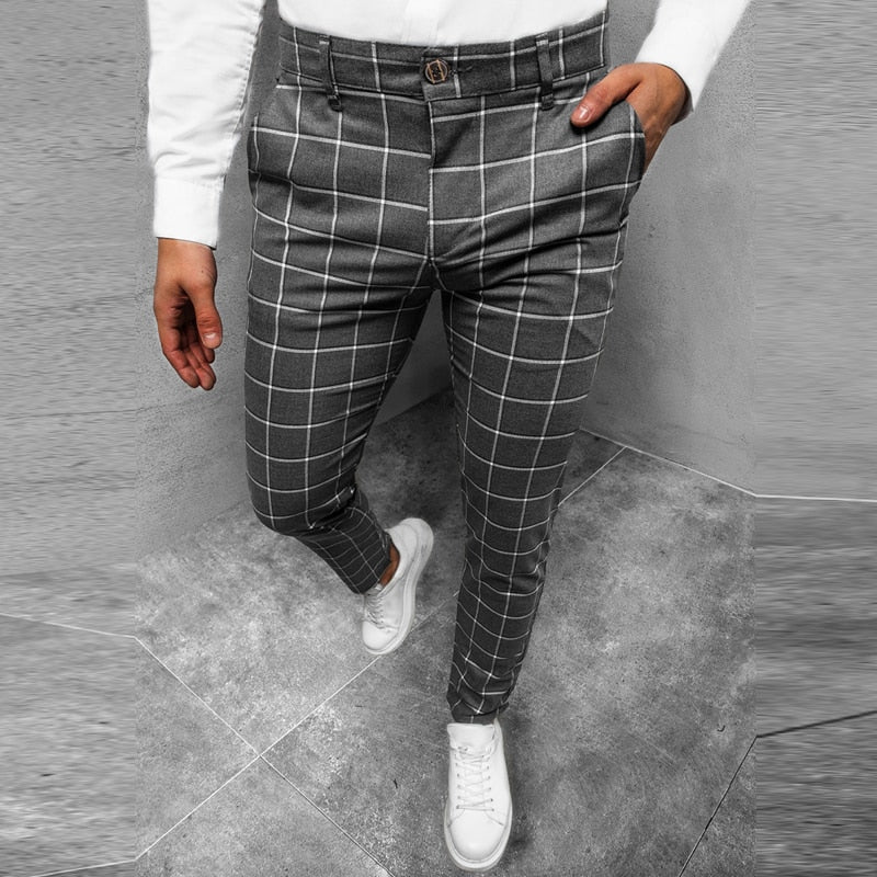 Bonsir Men Clothing Spring Summer Mid Waist Button-up Trousers Streetwear Pockets Pencil Pant Fashion Slim Plaid Print Long Pants