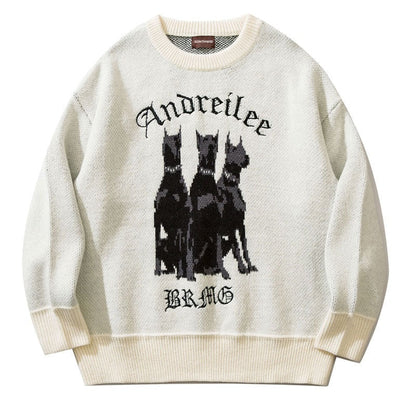 Bonsir Men Vintage Sweater Y2K Streetwear Hip Hop Vintage Knitted Doberman Dog Sweaters Autumn Harajuku Fashion Retro Casual Sweaters