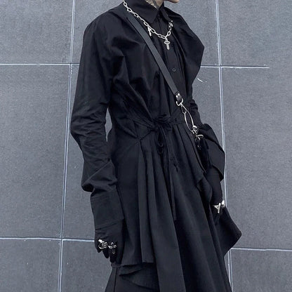 sanyamk Dark Abstinence Long Shirt Men's Simple Personality Strap Shirt Trendy Punk Solid Color Irregular High Street Cardigan Jacket