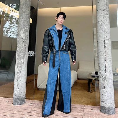 sanyamk New Fashion Men's Set Niche Design Two-piece Patchwork Suit Denim Leather Spliced Short Jacket Straigt Pants