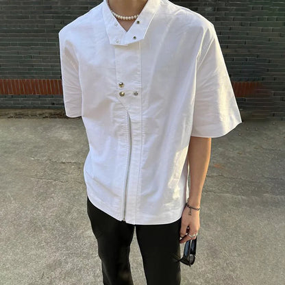 Bonsir Stand Collar Functional Shirt Men's Spring Summer Zipper Short Sleeve Shirts Tops Fashion Street Solid Original Design Blouse