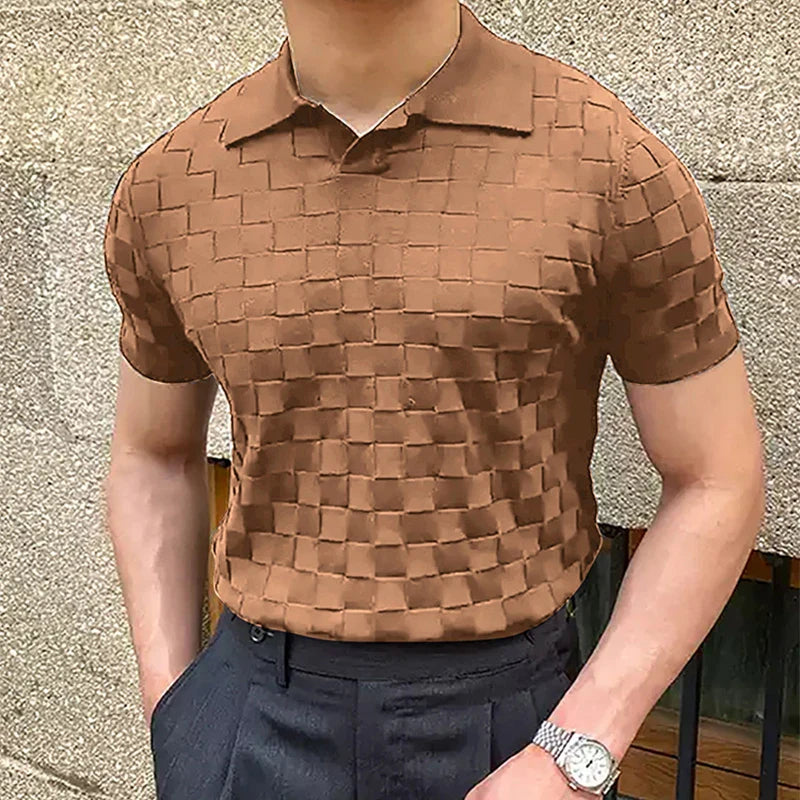 sanyamk Vintage Plaid Jacquard Knitted Polo T Shirts Men Summer Casual Breathable Thin Knit Tops Mens Knitwear Fashion Slim Polo Shirts