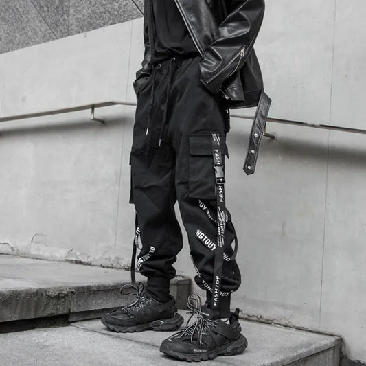 sanyamk Techwear Cargo Pants Men Joggers Black Cargo Trousers for Men Jogging Japanese Streetwear Hip Hop Hippie Gothic Ribbon