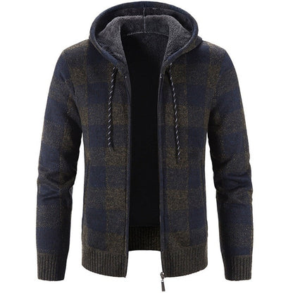Bonsir Men's Hooded Plaid Printed Long Sleeve Sweater Autumn Winter Plush Large Casual Cardigan Coat