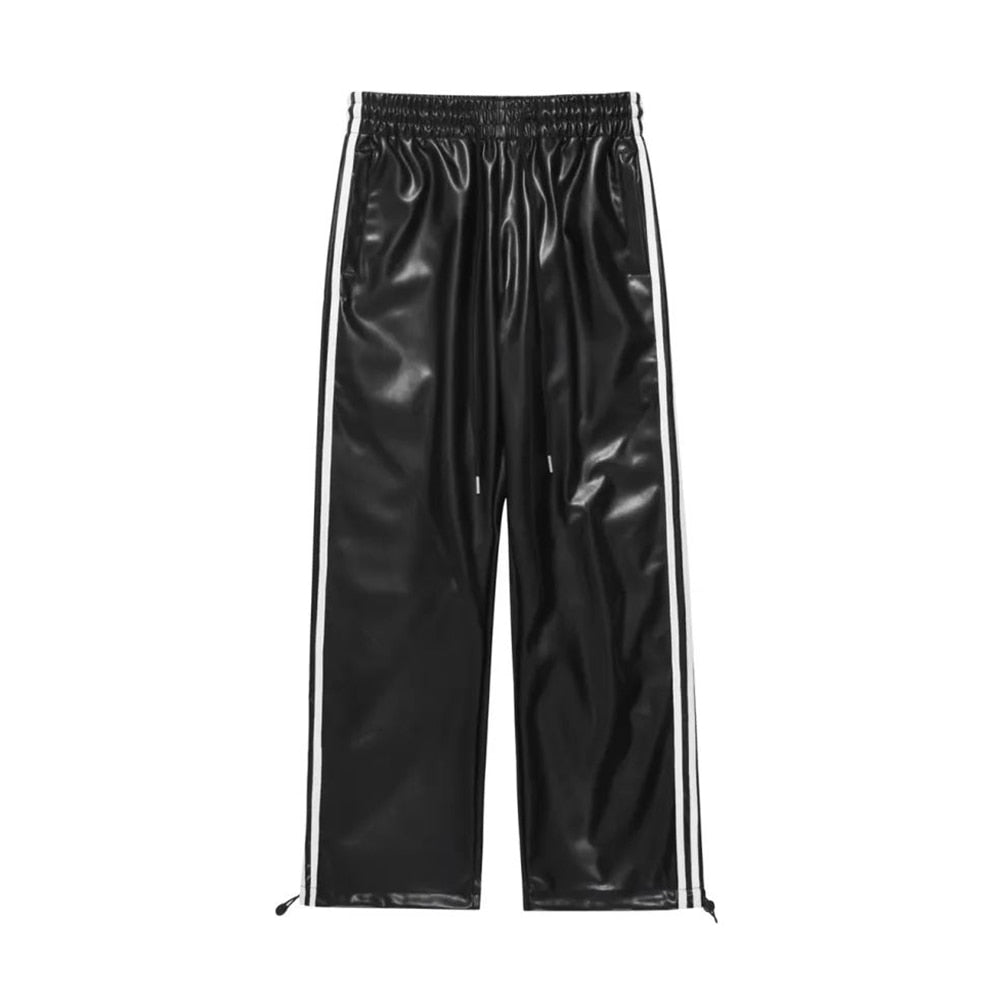 Bonsir New Men's Spring Autumn Loose Straight Casual Mopping Sense Wide-leg Sports Pants High Street Style Leather Pants