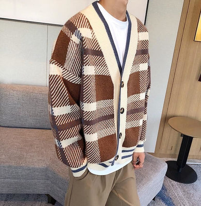 Bonsir Winter Korean Fashion Simple High Quality Plaid Knitted Cardigan Men Loose Casual Diamond Sweater Male Retro Casual Cardigan