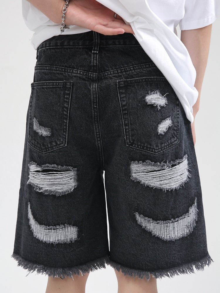 sanyamk Men's Shorts Wear Summer New Korean Fashion Loose Hole Burr Design Denim Casual Vintage Temperament Male T3930