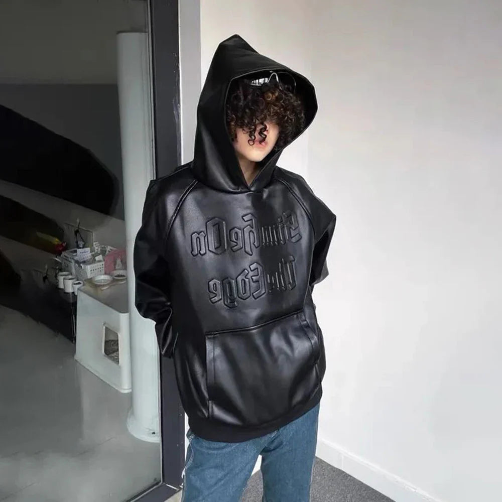 sanyamk American Casual Oversize Hoodie Mens Spring Autumn Trendy Motorcycle Leather Jacket Loose Comfort Simple Solid Hooded Sweatshirt