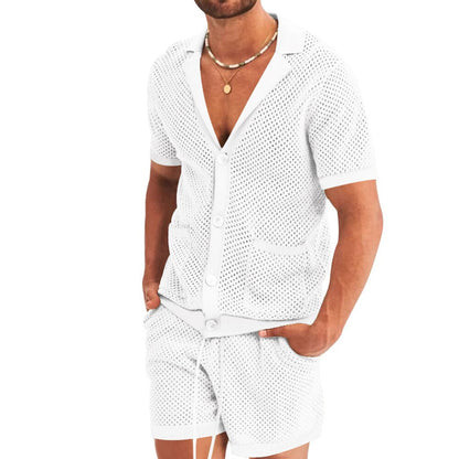 sanyamk Men's Summer Casual Solid Color Hollow Mesh Sweater Suit Men's Fashion V-neck Shirt Shorts Thin Section Outerwear Two-piece Suit