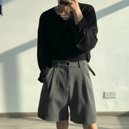 sanyamk Summer Grey/Black Suit Shorts Men Fashion Society Mens Dress Shorts Korean Style Loose Straight Shorts Mens Casual Shorts M-XL