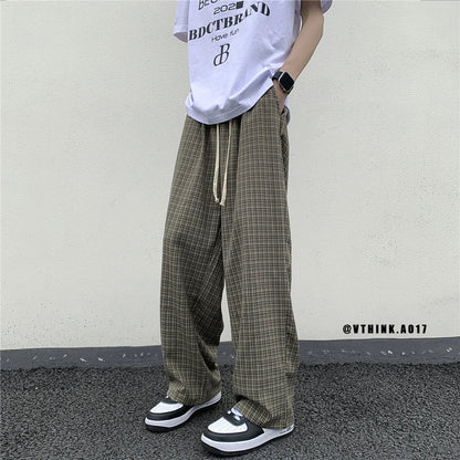 sanyamk  -  Summer/Autumn Plaid Pants Men Loose Casual Straight Trousers for Male/Female Harajuku Hip-hop Streetwear Wide-leg Mopping Pants