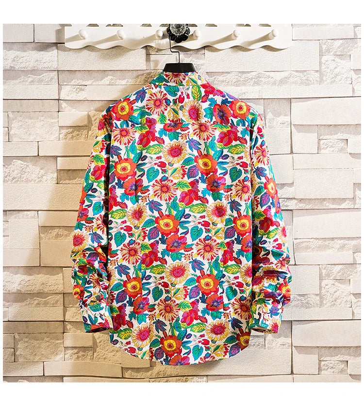 sanyamk Floral Print Long Sleeve Shirts Spring Summer Mens Casual Slim Cardigan Lapel Beach Shirt Fashion Versatile Top Streetwear Male