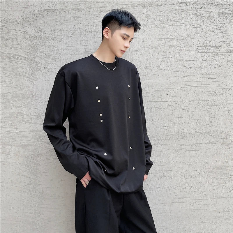 sanyamk Spring Personalized Metal Button T-Shirt Sweater Men's Korean Version Fashionable Long Sleeve T-Shirt Loose Casual Coat