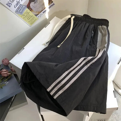 Bonsir Striped Shorts Women Summer Streetwear Thin Loose Wide Leg Shorts Bf Korean High Waist Couple Oversized Sports Shorts New