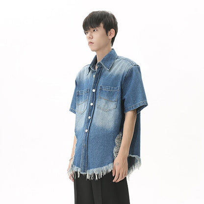 sanyamk High Street Men's Fashion Burrs Hole Denim Shirts Vintage Niche Desian Male Casual Short Sleeve Lapel Cardigan Coat