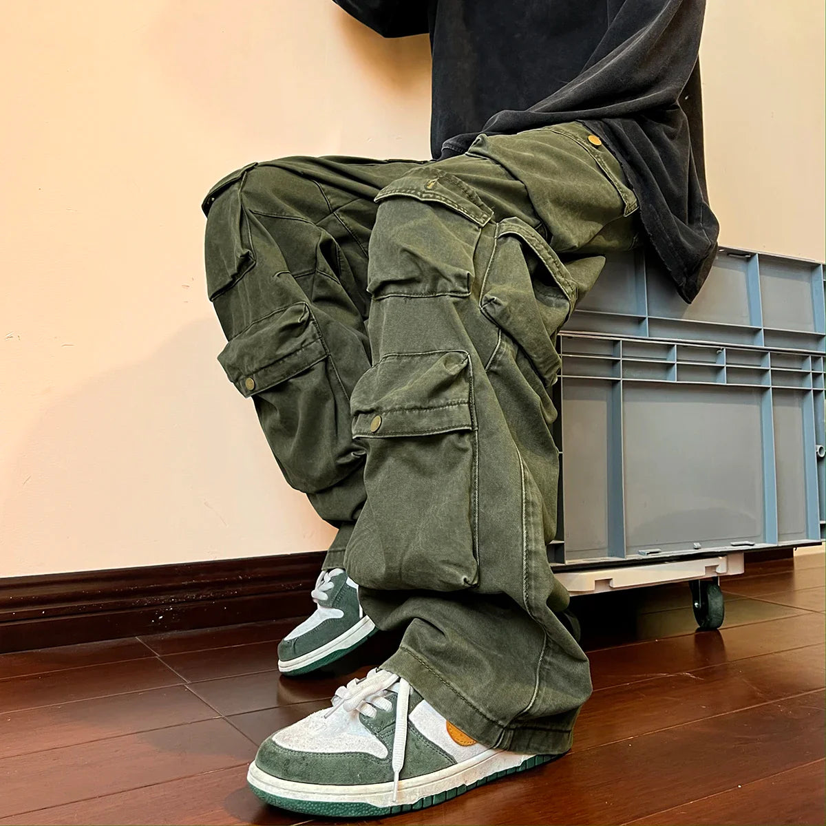 Bonsir Multi-pockets Cargo Pants Harajuku Streetwear Casual Tooling Pant Men's Hip-hop Mopping Trousers Vintage Daily Wide Leg Pants