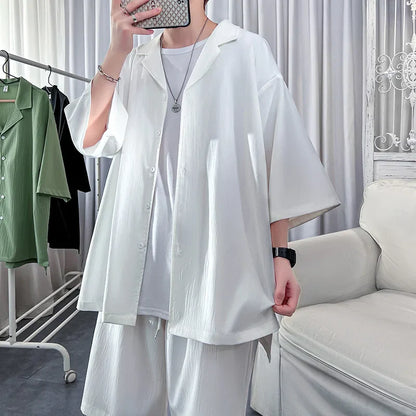 sanyamk Korean Style Men's Set Shirt+Shorts Solid Short Sleeve Top Matching Bottoms Summer Fashion Oversized Clothing Men