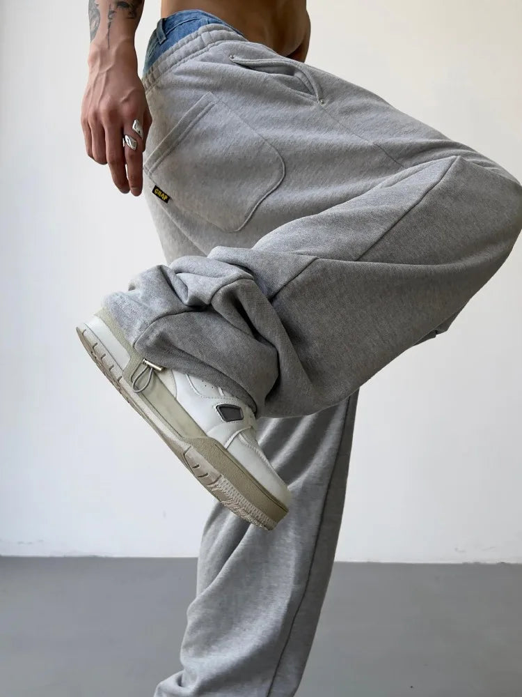 sanyamk Hip Hop Grey Sweatpants Sports Pants Button Jean Elastic Waist Pants Loose Trousers Y2K Casual Sportwear Pants Joggers