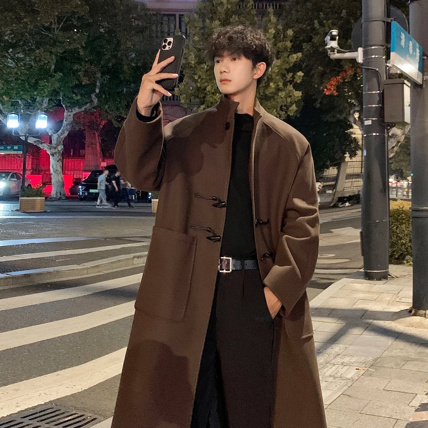 sanyamk Autumn Winter Men Horn Button Woolen Coat Mid Length Stand Collar Trench Coat Solid Color Big Pocket Overcoat Streetwear