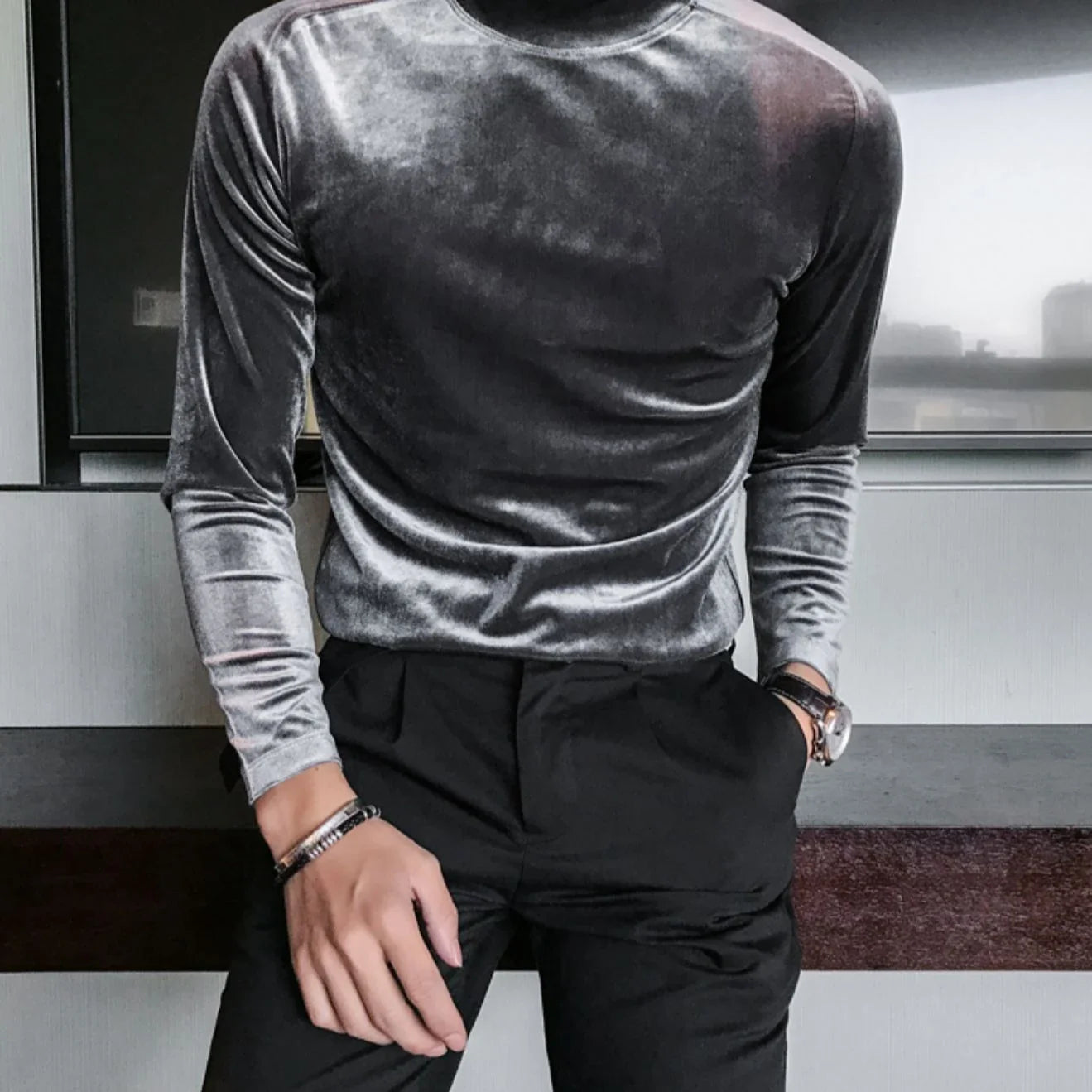 Bonsir Autumn Winter Velvet T-shirt for Men Long Sleeve Slim Fit Warm T Shirt Solid Color Half High Collar Social Streetwear Tee Tops