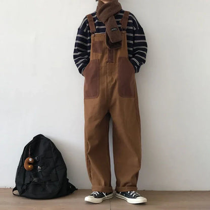 sanyamk Mens Japanese Workwear Style Casual Jumpsuit 2024 New Genderless Fashion Trend Loose Color Blocking Versatile Overalls Unisex