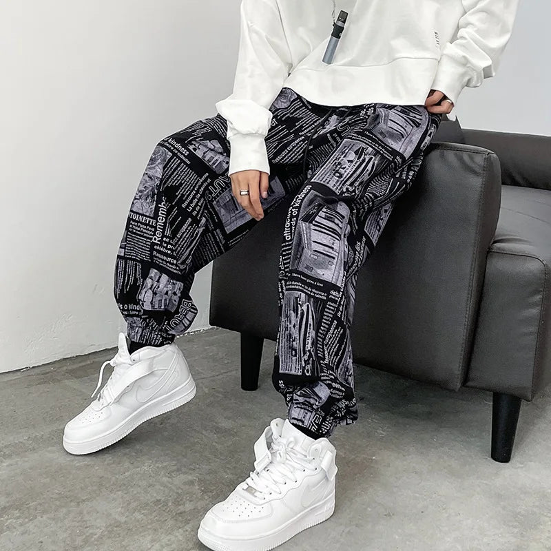 Bonsir Newspaper Pants Men Fashion High Street Spring Autumn Ankle Banded Loose Drawstring American Style Male Hip-hop Trousers Chic