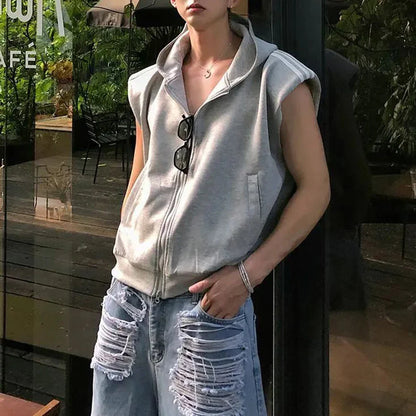 sanyamk Men Y2k Street Zipper Cardigan Hooded Vest Fashion Design Sleeveless Sweater Top Summer Plus Size Sports Casual Trend Streetwear