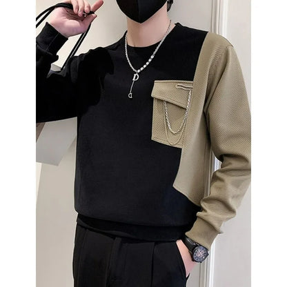 Bonsir Men Trendy Patchwork Chain Pocket Design High Street Sweatshirt Autumn Korean O Neck Long Sleeve Loose Pullover Tops Ropa Hombre