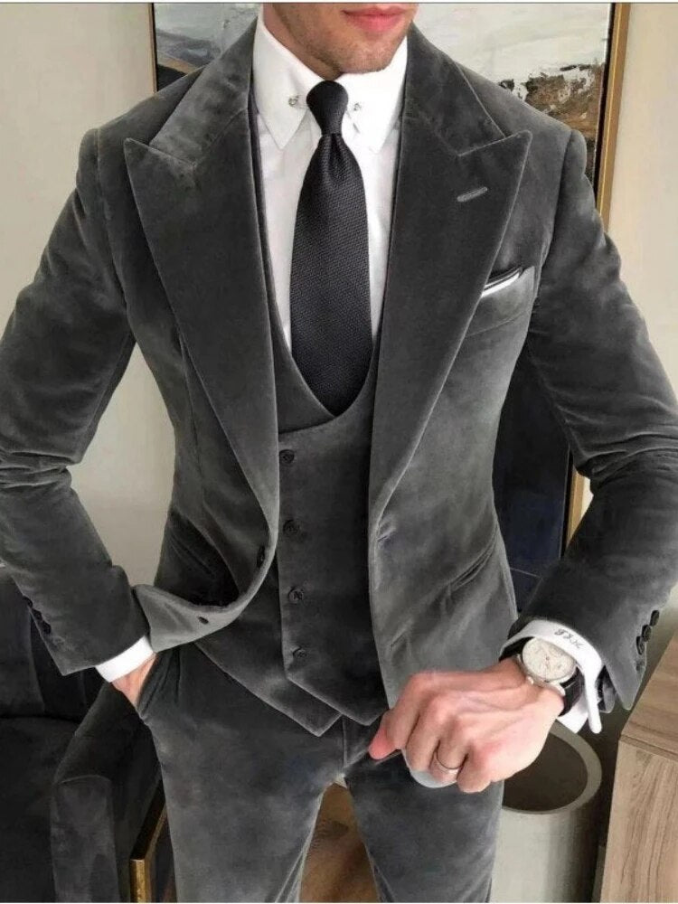 sanyamk Grey Velvet Business Suits for Men Slim Fit Peak Lapel Custom Wedding Groom Tuxedo 3 Piece (Jacket + Pants + Vest)