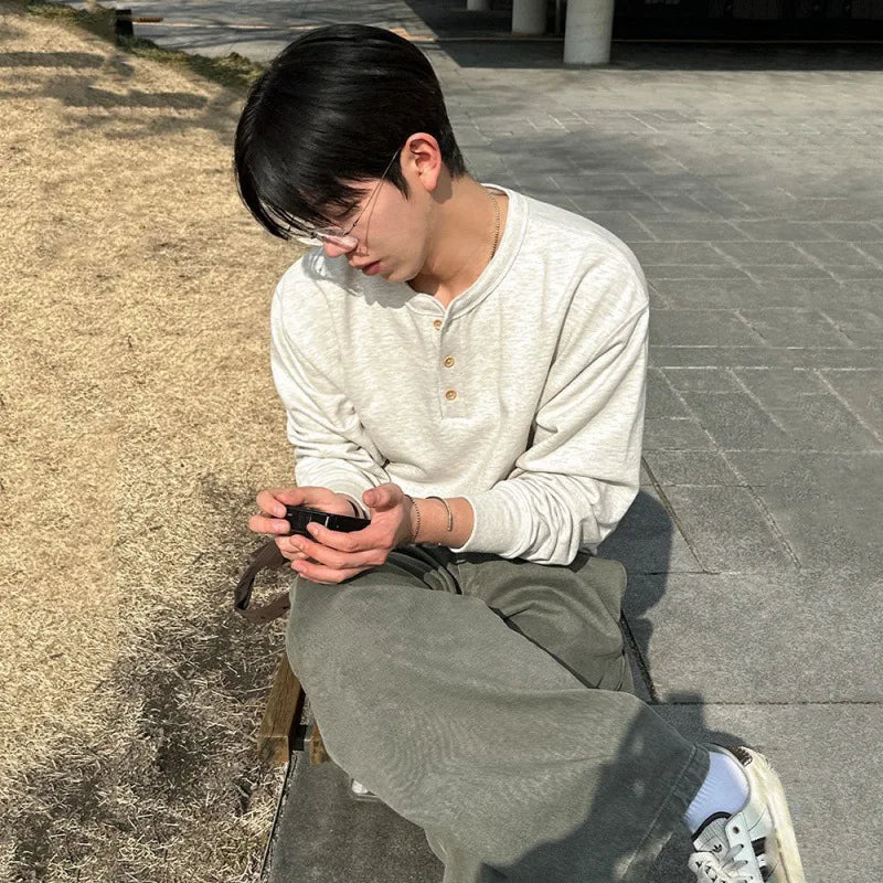 sanyamk  -  Niche Style Men's T-shirts Round Collar Button Loose Solid Color Pullover Male Casual Tops New Simple Autumn 2024 9C6618