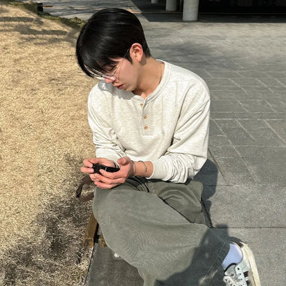 sanyamk  -  Niche Style Men's T-shirts Round Collar Button Loose Solid Color Pullover Male Casual Tops New Simple Autumn 2024 9C6618