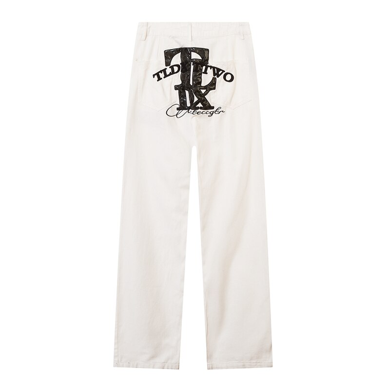 Bonsir High Street Letter Embroidery White Black Straight Jeans Pants for Male and Female Retro Harajuku Baggy Casual Denim Trousers