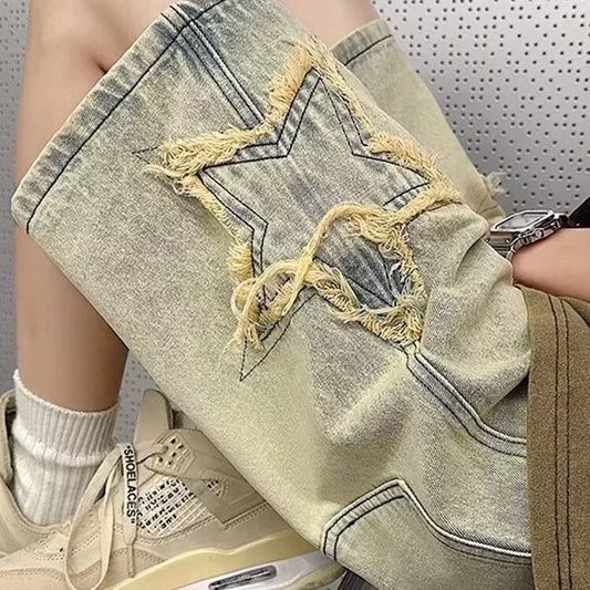 sanyamk Star Patchwork Yellow Clay Color Jeans Summer Men Denim Shorts Trendy Streetwear Five-point Pants Straight Jeans Shorts