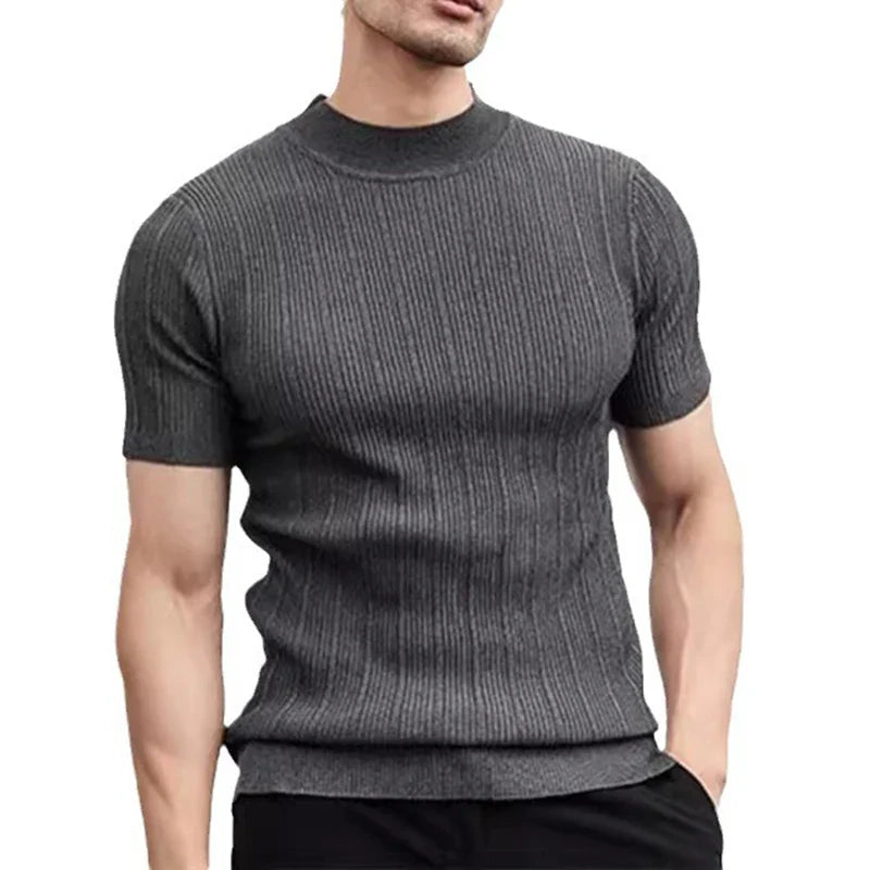 sanyamk 2024 Spring Summer Casual Knit T Shirts For Men Solid Color Short-sleeved Slim Jumper Tops Mens Knitwear Fashion Mock Neck Tees