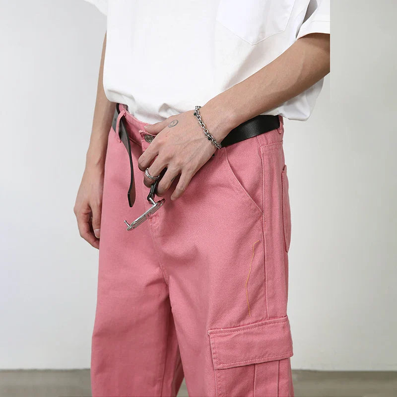 sanyamk Pink Cargo Jeans Pants Men Oversize Wide Leg Denim Trousers Male Loose Casual Japanese Streetwear Hip Hop Pocket