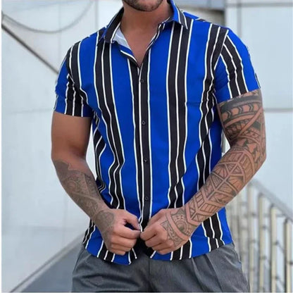 sanyamk Fashion Shirt Striped Print Summer Business Casual Short-Sleeved Tees Tops Mens Blouse Hawaiian Shirts Oversized Men's Clothing