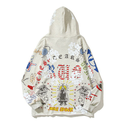 sanyamk Harajuku Retro Kapok Graffit Casual Hooded Hoodies Men and Women Streetwear Oversized Terry Sweatshirts Loose Hip Hop Hoody