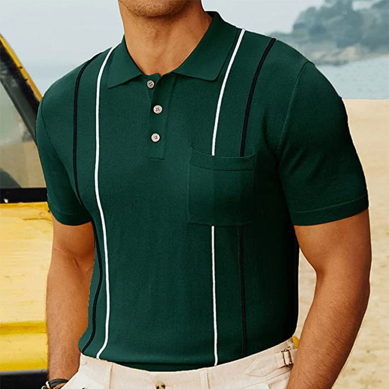 Bonsir Spring Summer Casual Mens Knit Polo Shirt Short Sleeve Polo Collar Button Tops Men Clothes Fashion Striped Polos Tops Streetwear