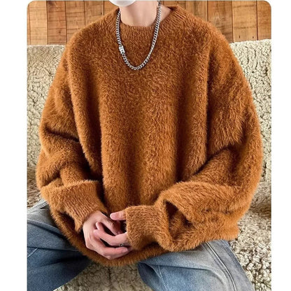 Bonsir Mohair Sweaters Men Korean Thicken Warm Knitting Autumn Winter Loose Casual Long Sleeve Pullovers Fleece Streetwear