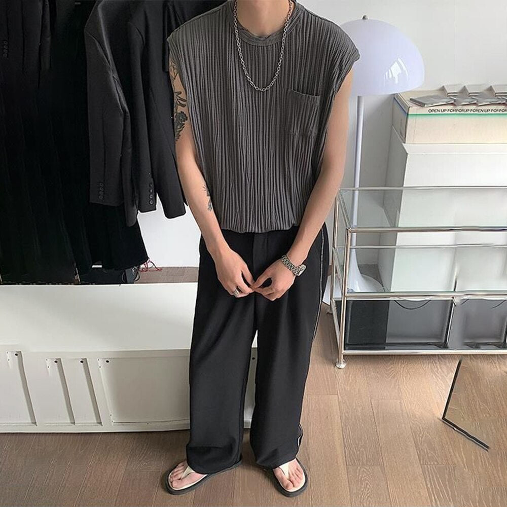 Bonsir Summer Casual Pleated Sleeveless Vest Men's Trend Sexy Sleeveless Tee Shirts Korean Loose Tabk Tops Solid All-match Streetwear