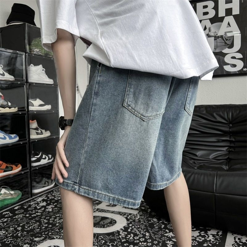 Bonsir Summer Blue Ripped Denim Shorts Men Fashion Casual Hole Denim Shorts Men Streetwear Loose Hip Hop Straight Jeans Shorts Men