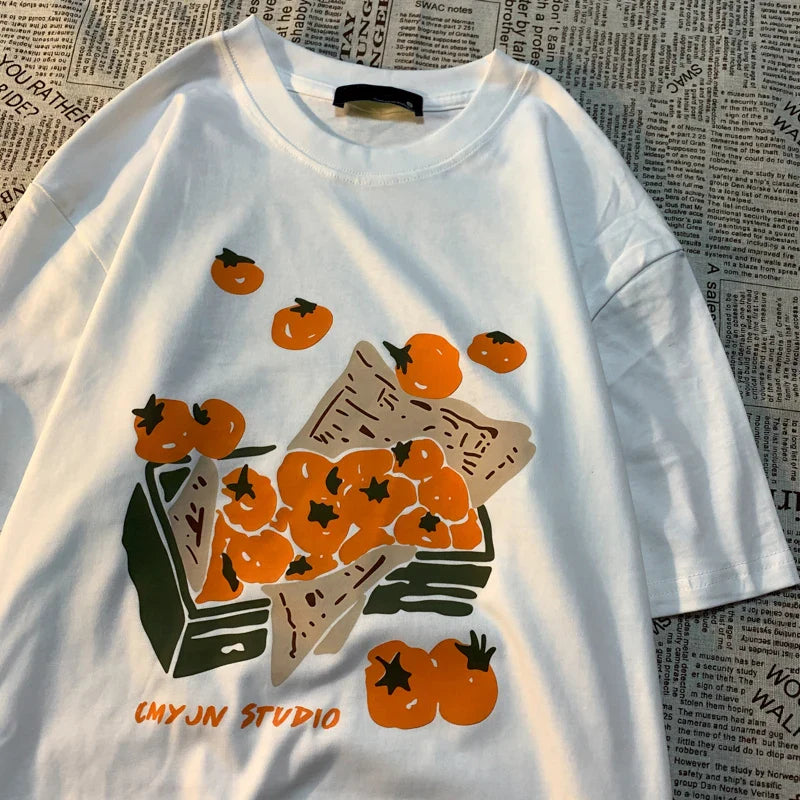 sanyamk Original Box Of Orange American Retro Fun Print Men Women Tees Loose And Versatile BF Pure Cotton Couple Short Sleeve T-shirt