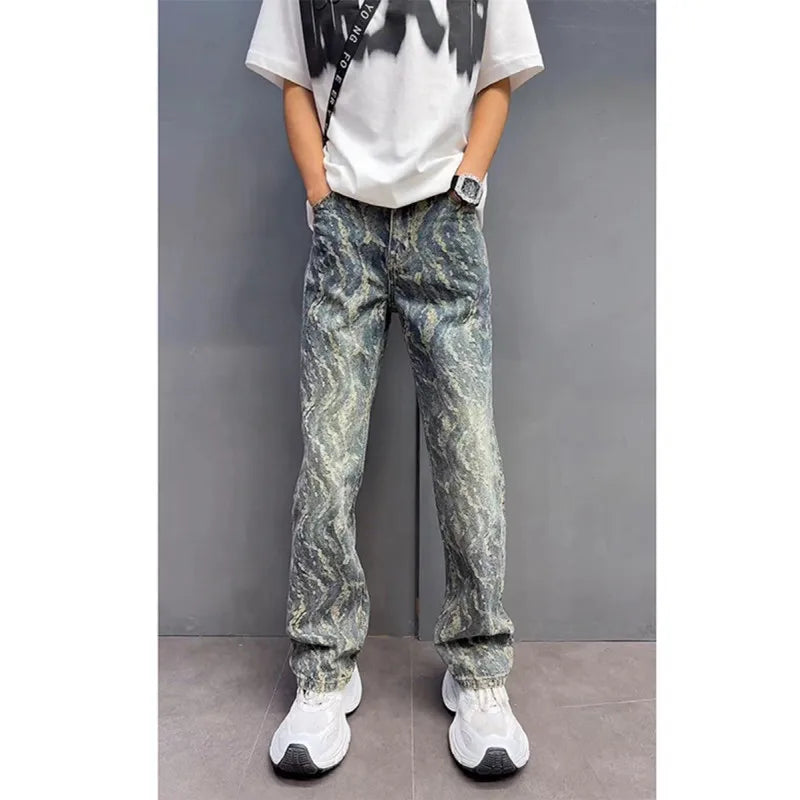 sanyamk Jacquard Jeans Men Women American Style Old Washed Jeans Retro  Fashion Trend Pants Baggy Hip Hop Streetwear slim fit Denim pant