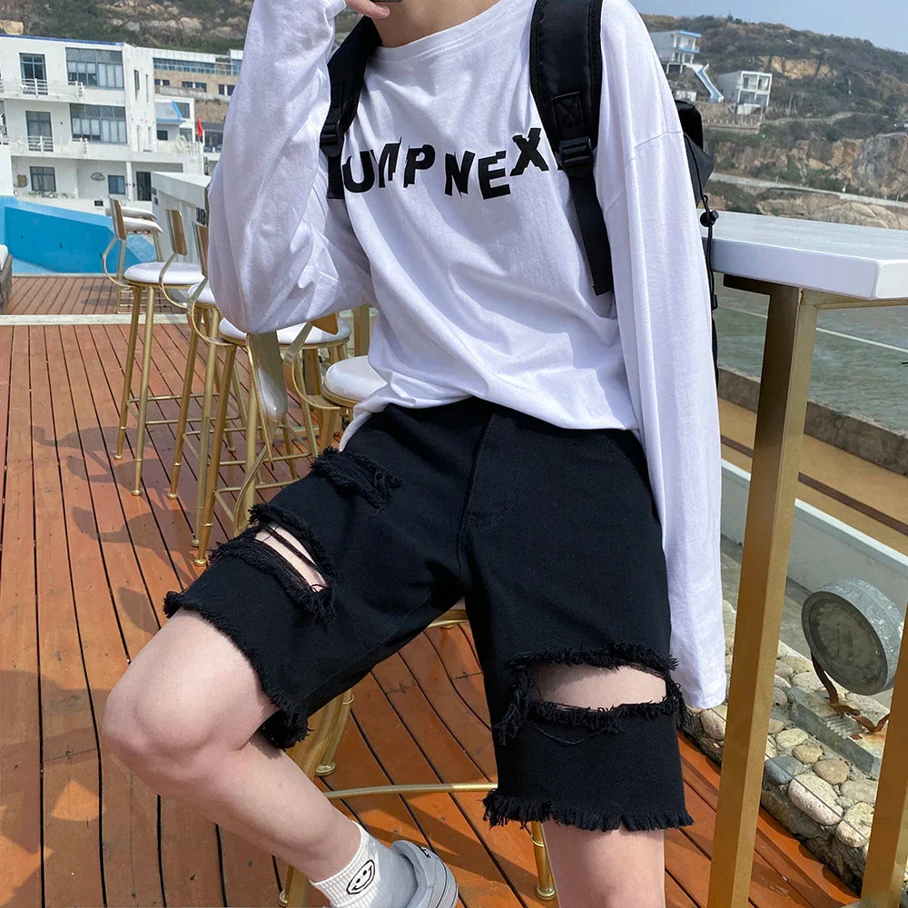 sanyamk Summer Hole Shorts Jeans Men Ripped Denim Pants Fashion Black/Blue Men's Jeans Short Pants Streetwear Straight Jeans Men