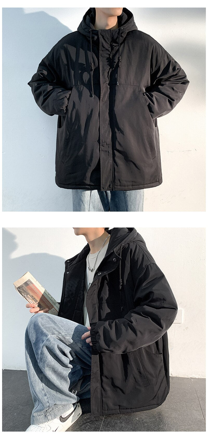 sanyamk New Fashion Hooded Warm Coat Men Casual Oversize Jacket Loose Baggy Streetwear Front Pocket Hiphop Clothing