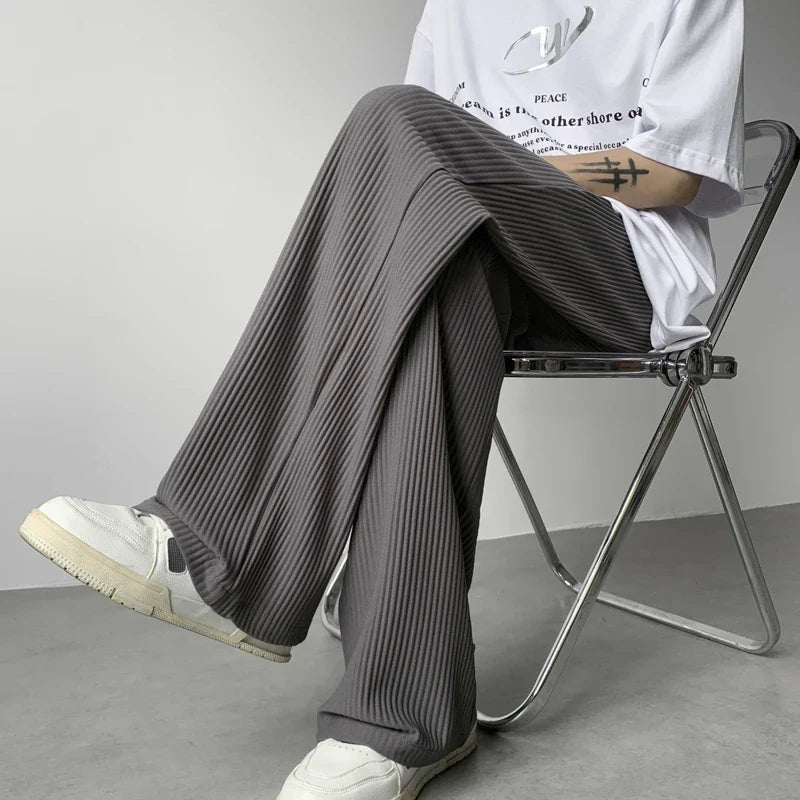 Bonsir Summer Casual Pants Men Fashion Oversized Wide Leg Pants Men Trousers Streetwear Korean Loose Pleated Pants Mens Ice Silk Pants