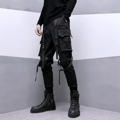 Bonsir Techwear Black Cargo Pants for Men Cargo Trousers Male Japanese Streetwear Hip Hop Spring Ribbon Pocket Harajuku Fashion